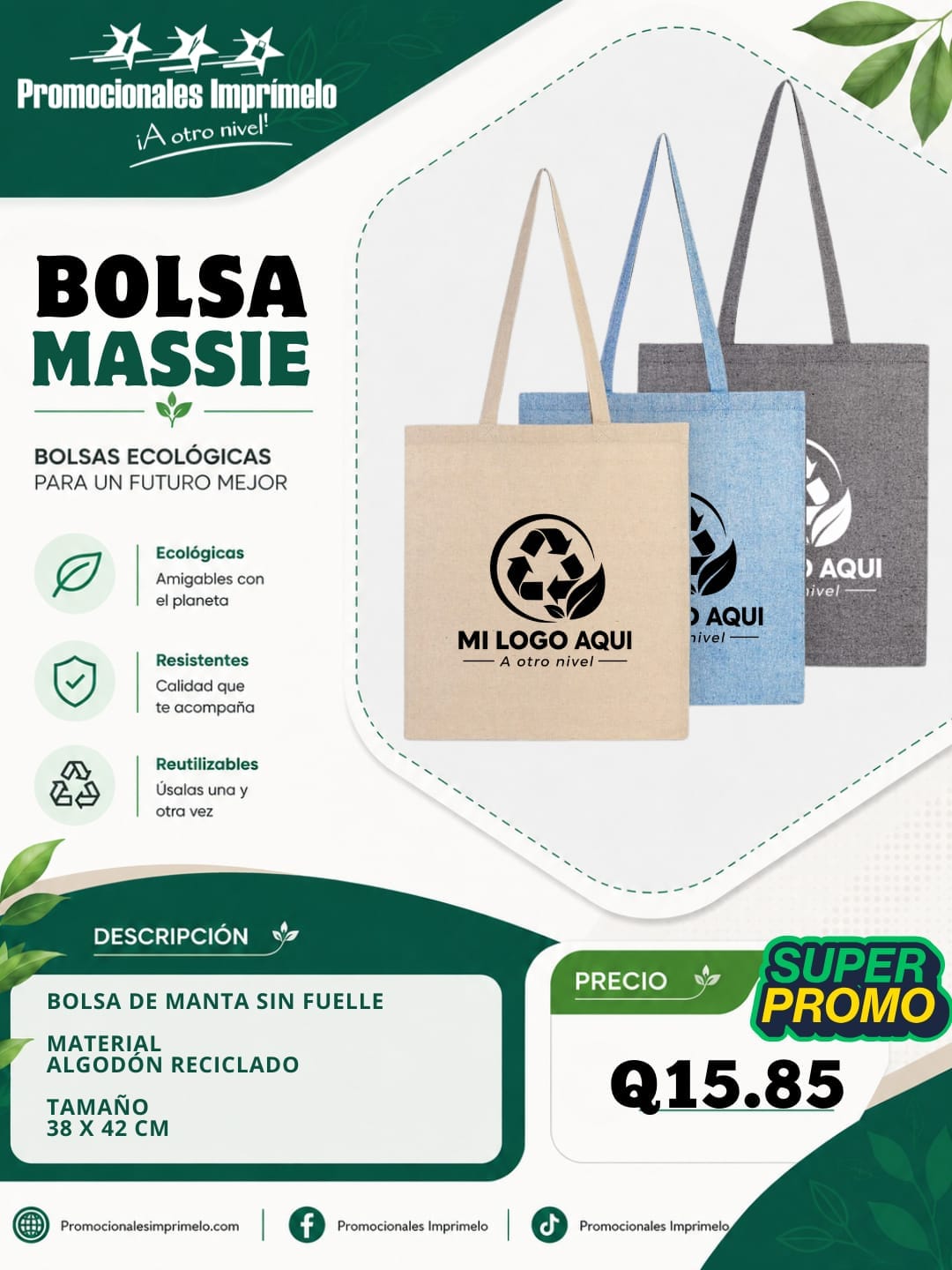Bolsa Massie de algodón reciclado personalizable en oferta