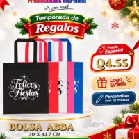 Oferta navideña: Bolsa Abba personalizada con logo por Q4.55; compra mínima de 200 unidades.