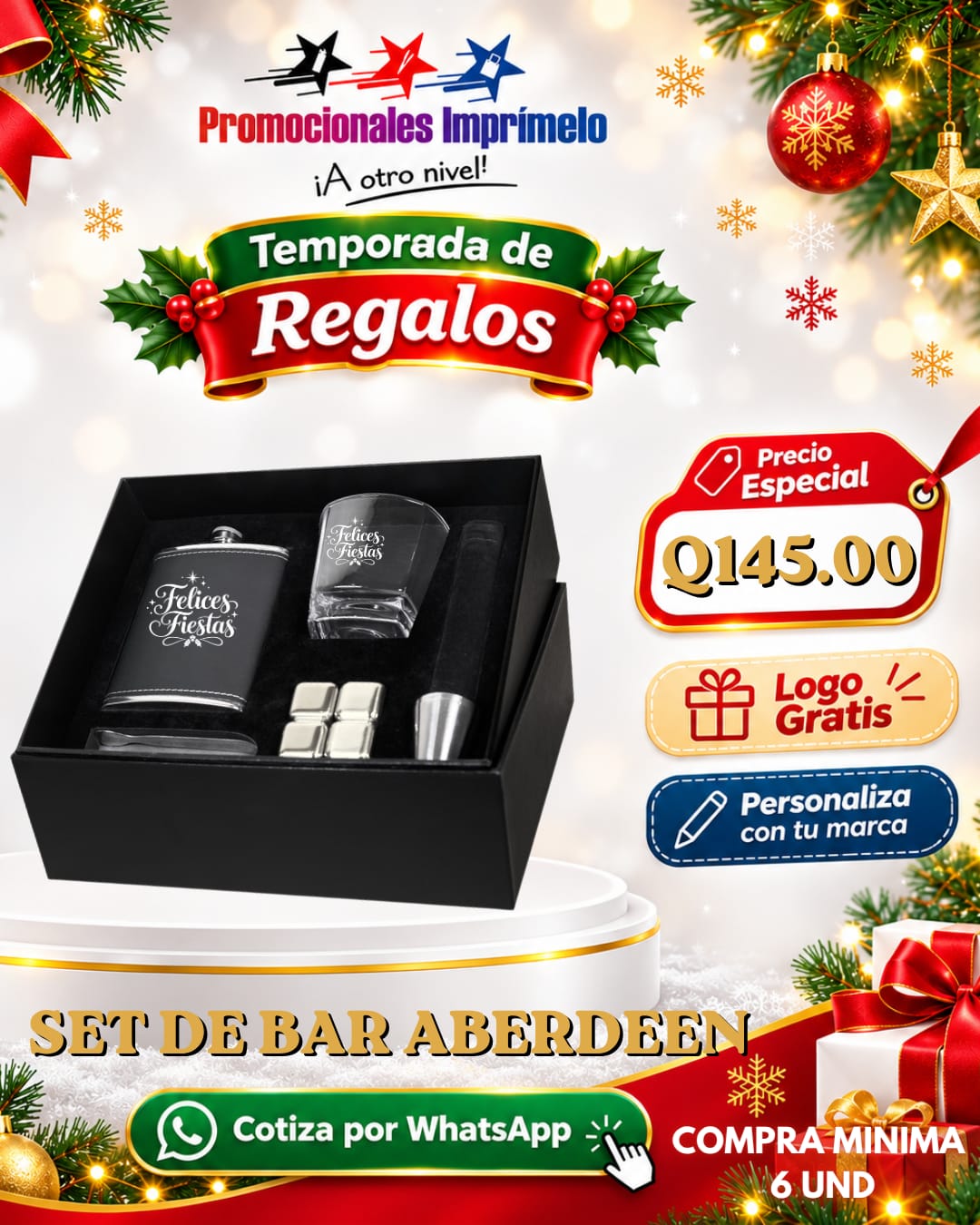 Oferta navideña: Set de bar Aberdeen personalizado con logo por Q145.00; compra mínima de 6 unidades.