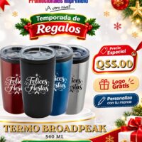 Oferta navideña: Termo Broadpeak 540 ml personalizado con logo por Q55.00; compra mínima de 36 unidades.