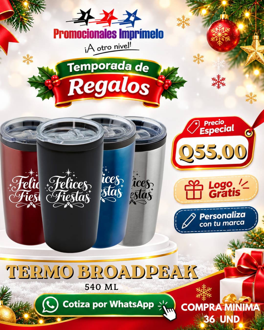 Oferta navideña: Termo Broadpeak 540 ml personalizado con logo por Q55.00; compra mínima de 36 unidades.