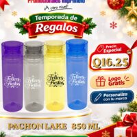 Oferta navideña: Pachón Lake 850 ml personalizado con logo por Q16.25; compra mínima de 100 unidades.