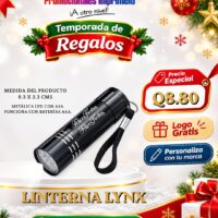 Oferta navideña: Linterna Lynx personalizada con logo por Q8.80; compra mínima de 150 unidades.