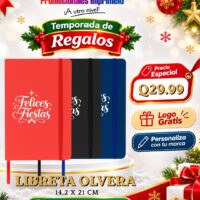 Oferta navideña: Libreta Olvera personalizada con logo por Q29.99; compra mínima de 36 unidades.