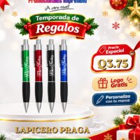 Oferta navideña: Lapicero Praga personalizado con logo por Q3.75; compra mínima de 300 unidades.