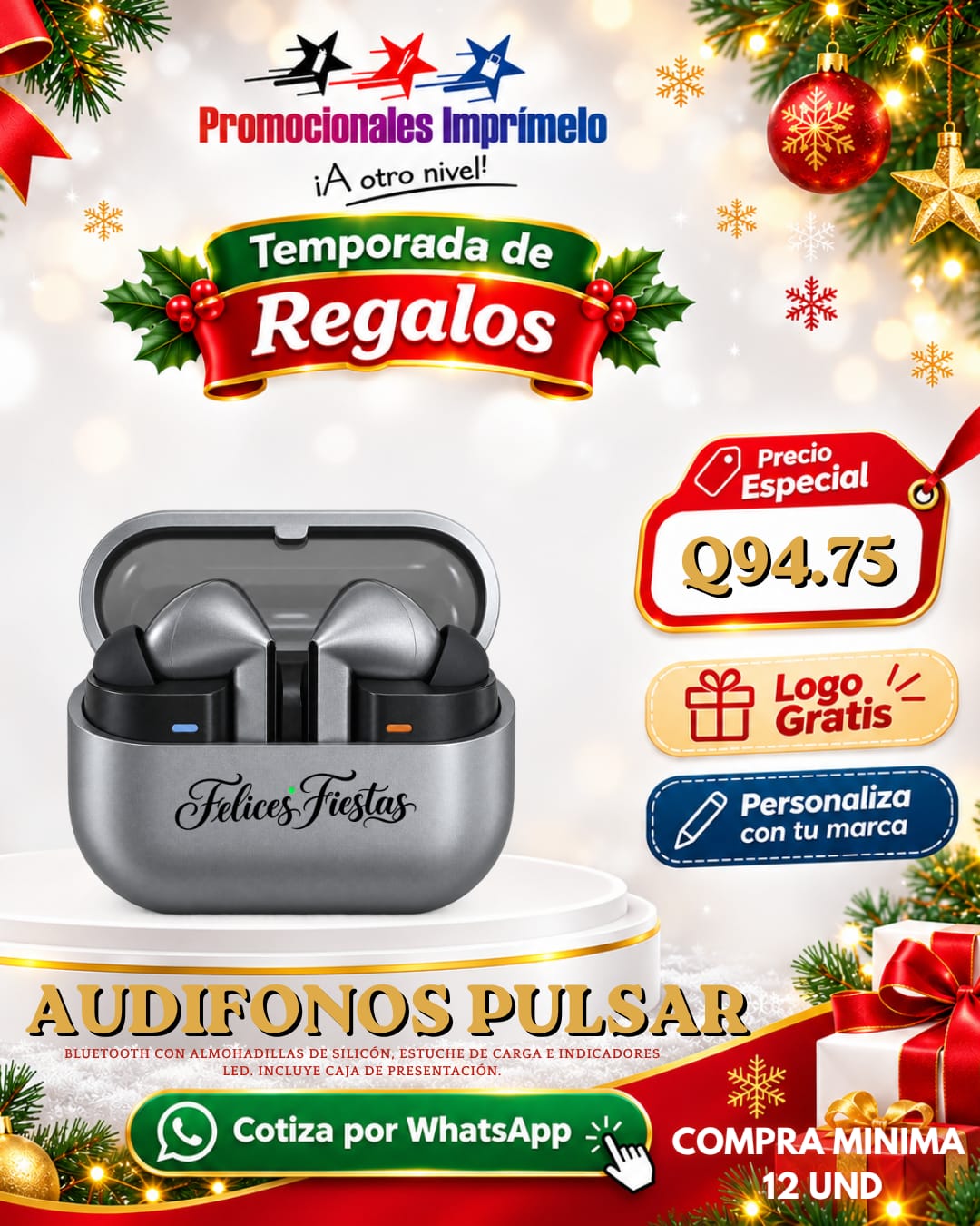 Oferta navideña: Audífonos Pulsar personalizados con logo por Q94.75; compra mínima de 12 unidades.
