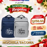 Oferta navideña: Mochila Tacoma personalizada con logo por Q138.00; compra mínima de 12 unidades.