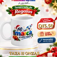Oferta navideña: Taza de 11 onzas personalizada con logo por Q13.50; compra mínima de 72 unidades.