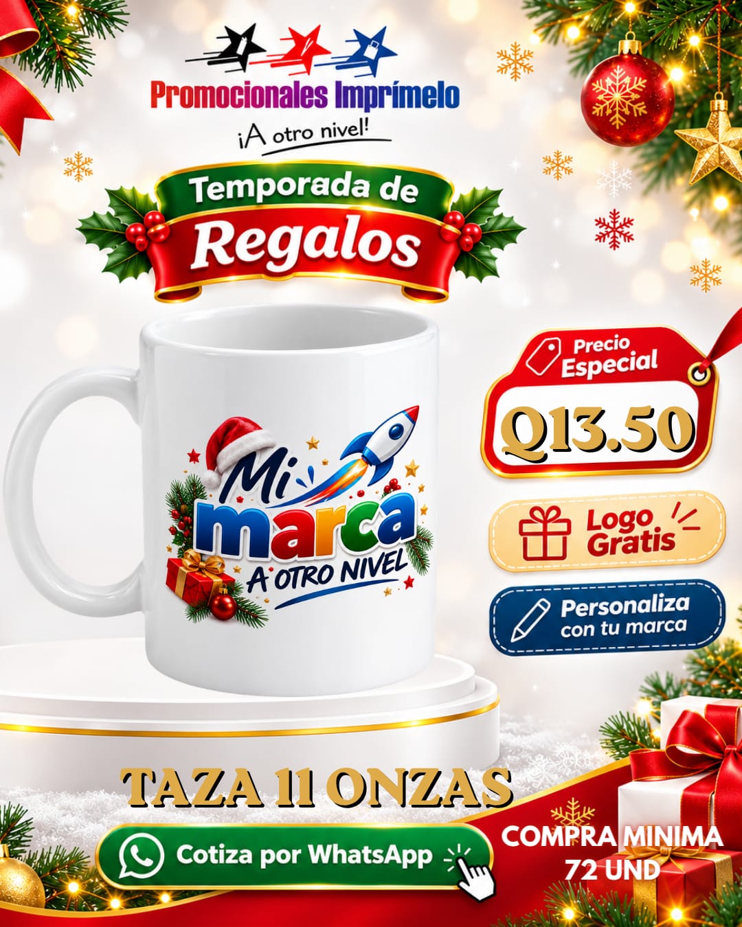 Oferta navideña: Taza de 11 onzas personalizada con logo por Q13.50; compra mínima de 72 unidades.