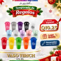 Oferta navideña: Vaso Tirich 475 ml personalizado con logo por Q10.25; compra mínima de 100 unidades.