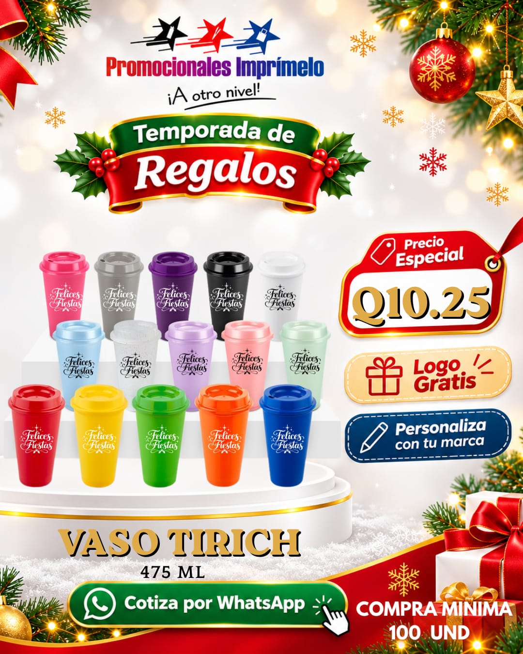 Oferta navideña: Vaso Tirich 475 ml personalizado con logo por Q10.25; compra mínima de 100 unidades.