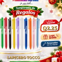 Oferta navideña: Lapicero Tocco personalizado con logo por Q2.25; compra mínima de 300 unidades.