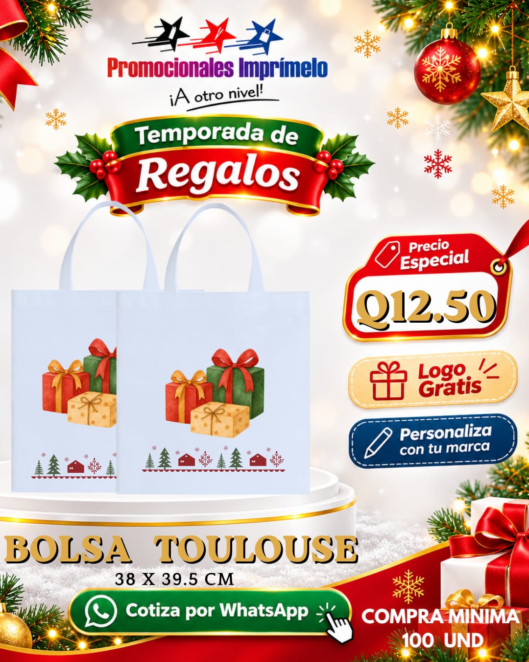 Oferta navideña: Bolsa Toulouse personalizada con logo por Q12.50; compra mínima de 100 unidades.