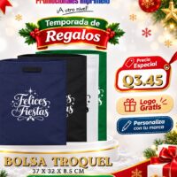 Oferta navideña: Bolsa Troquel personalizada con logo por Q3.45; compra mínima de 250 unidades.