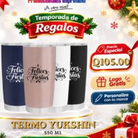 Oferta navideña: Termo Yukshin 550 ml personalizado con logo por Q105.00; compra mínima de 36 unidades.