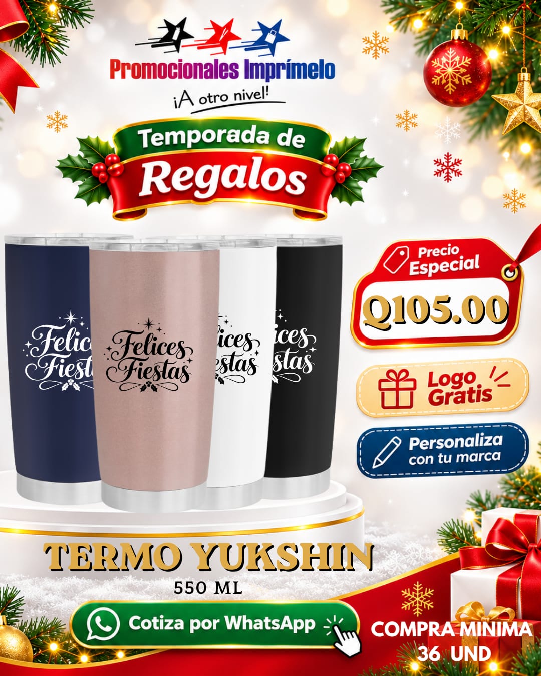 Oferta navideña: Termo Yukshin 550 ml personalizado con logo por Q105.00; compra mínima de 36 unidades.